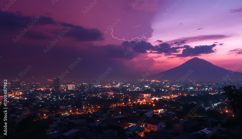 Fototapeta premium Volcanic city sunset, lightning storm