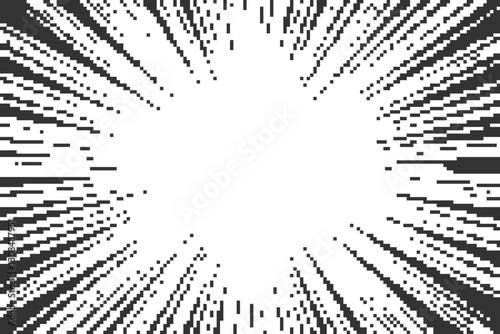 Comic background with pixel pattern. Speed lines explosion and burst with abstract bitmap texture. Vector radial sun rays on white backdrop.