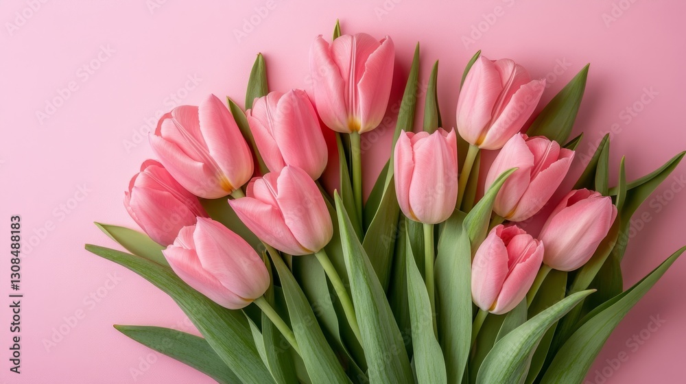 Fresh Pink Tulips with Green Leaves on Soft Pink Background Fresh Pink Tulips with Green Leaves on Soft Pink Background
