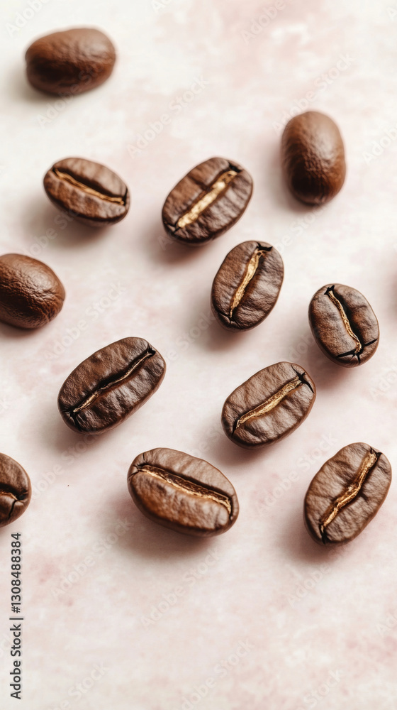 Roasted coffee beans scattered on a pink surface, close-up view. Roasted coffee beans scattered on a pink surface, close-up view.