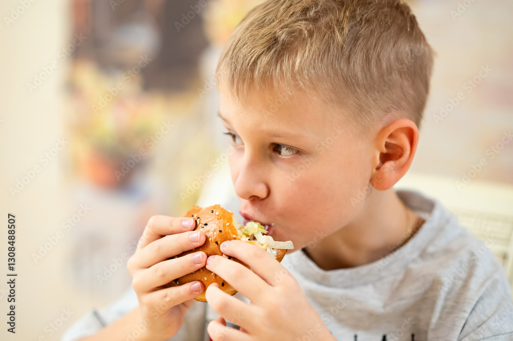 A young boy enjoys a delicious burger, taking a big bite. He holds the sesame seed bun with both hands, savoring the taste. The blurred background adds warmth and coziness to the scene. A young boy enjoys a delicious burger, taking a big bite. He holds the sesame seed bun with both hands, savoring the taste. The blurred background adds warmth and coziness to the scene.