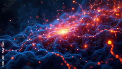 Machine learning visuals, A bright neural network glowing against dark space with intricate circuits pulsing electric hues detailed macro shot.