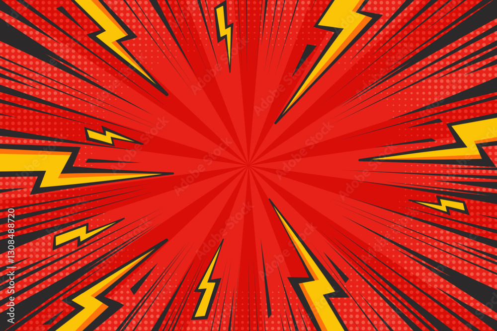 Comic cartoon background with lightnings and thunder power effect. Abstract vector pop art design with halftone and radial bolt energy. Explosion rays and speed lines. Retro superhero illustration