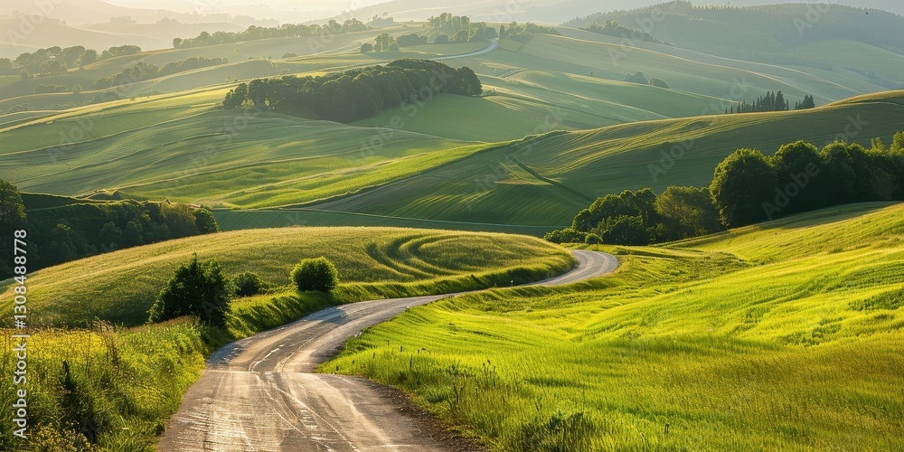 Serene Countryside Road Through Lush Green Fields
