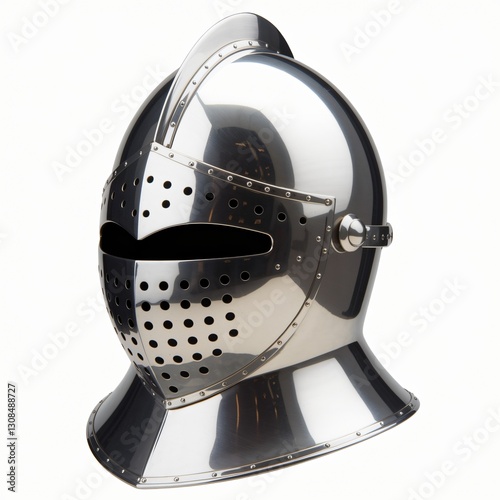 Polished Medieval Close Helmet with Ventilation Holes and Smooth Surface Isolated on White Background.