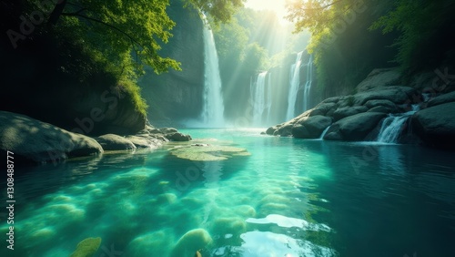 Wallpaper Mural A serene scene of Lourdes water cascading down twin waterfalls into a clear, turquoise pool surrounded by lush greenery and rocks. Torontodigital.ca