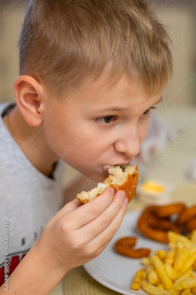 young boy enjoys a meal, taking a bite of his burger while focusing on his food. His plate is filled with fries and onion rings. young boy enjoys a meal, taking a bite of his burger while focusing on his food. His plate is filled with fries and onion rings.