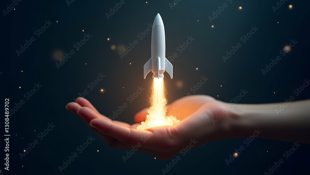 Innovative Startup Launch: Glowing Rocket Hologram in Hand Illustration Innovative Startup Launch: Glowing Rocket Hologram in Hand Illustration