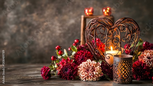Romantic autumnal still life with burning candles, dahlias, and heart-shaped lantern.