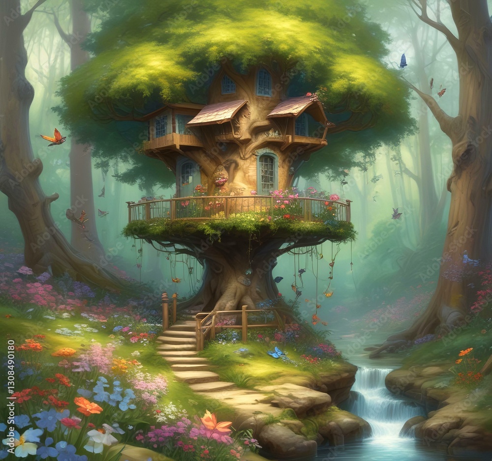Fototapeta premium Illustration of goblin house in green forest.