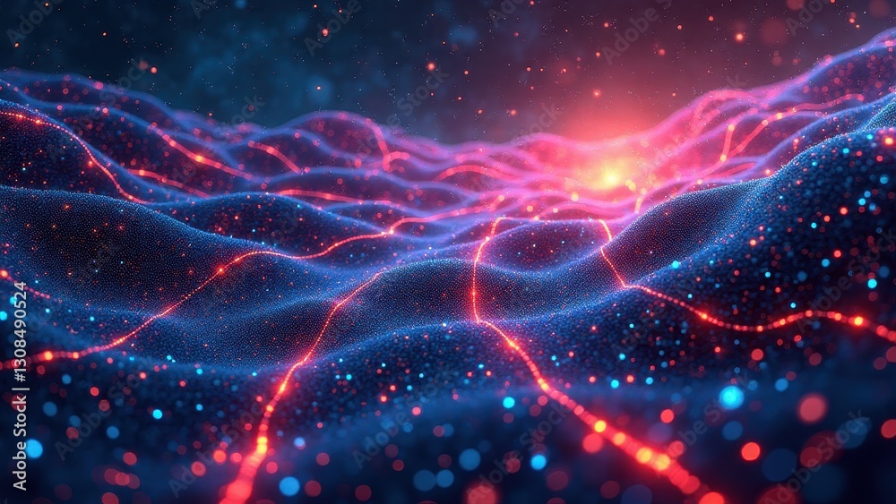 Obraz premium Machine learning visuals, Mesmerizing neural network landscape with vibrant glowing nodes interconnected layers data streams weaving through circu