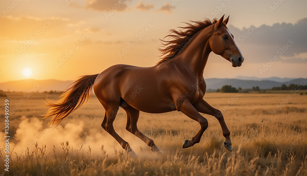Fototapeta premium Majestic Horse Running Across a Golden Field at Sunset in Wide View