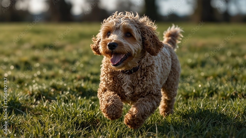 Fototapeta premium A young playful Poodle, its curly fur bouncing as it hops happily around a garden.
