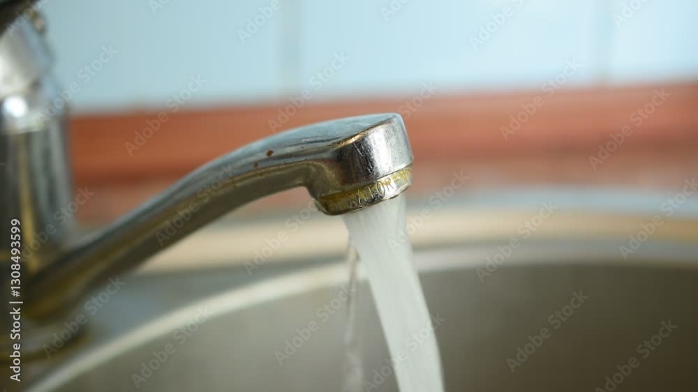 The video shows a clear stream of water flowing from the tap from top to bottom. The video shows a clear stream of water flowing from the tap from top to bottom.