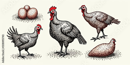 Updated illustration of turkey. Hand drawn illustration in engraving or woodcut style. Manufacturing meat and eggs vintage produce elements. Badges design elements for the turkey cock manufacturing.