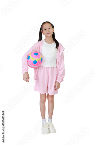 Obraz na płótnie Asian girl child in pink sportswear standing and holding football isolated on white background. Full body photo with clipping path. w salonie