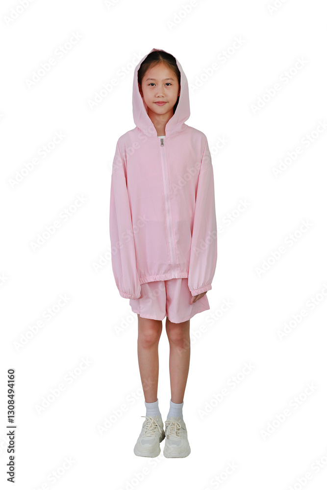 Portrait of smiling Asian girl kid in pink hood head clothes standing isolated on white background.