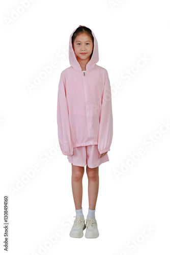 Obraz na płótnie Portrait of smiling Asian girl kid in pink hood head clothes standing isolated on white background. w salonie