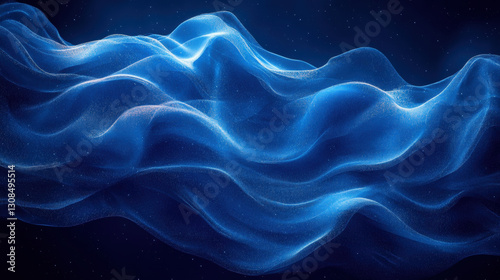 Abstract blue wavy pattern with sparkling particles on dark background