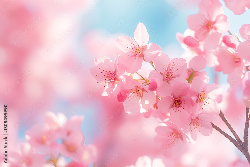 Obraz premium Delicate pink cherry blossoms in bloom against a soft blue sky.