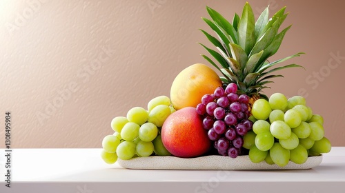 Colorful fruit bowl overflowing with fresh fruits including apples, bananas, and oranges on display