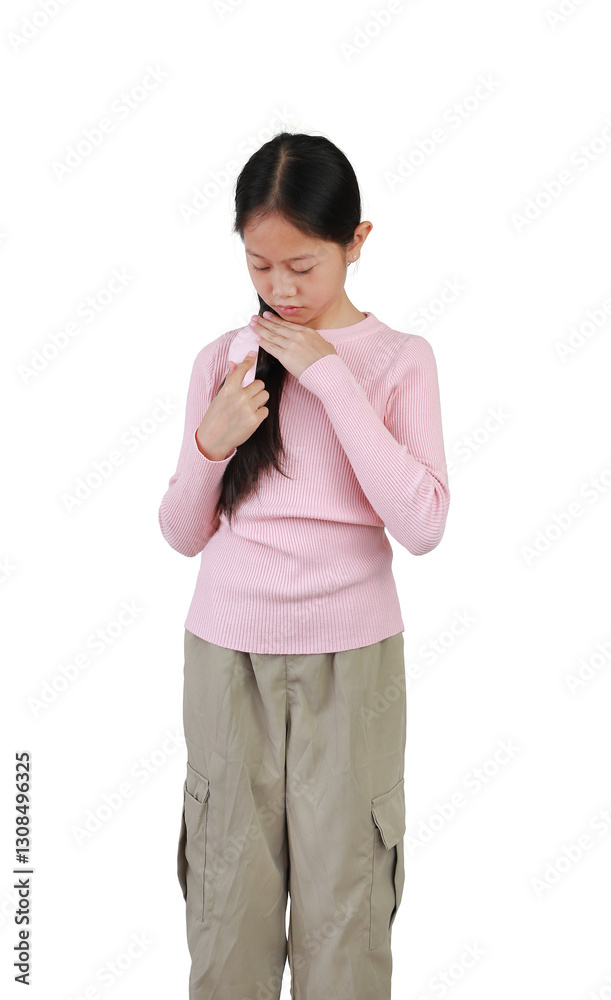 Portrait of Asian girl kid combing long hair isolated on white background. Healthcare concept. Portrait of Asian girl kid combing long hair isolated on white background. Healthcare concept.