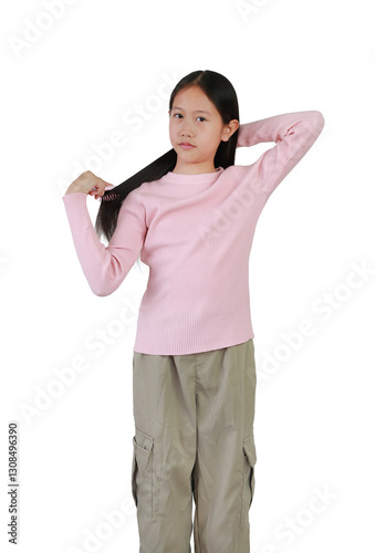 Obraz na płótnie Asian young girl combing long hair isolated on white background. Healthcare concept. w salonie