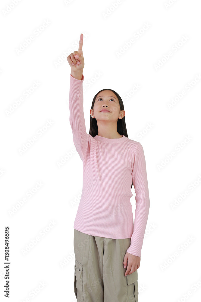 Asian girl point and looking something on empty space isolated on white background. Image half length, Advertising concept.