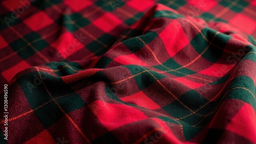A close-up of a Royal Stewart tartan plaid fabric, showcasing its vibrant red and green checkered pattern with yellow lines.