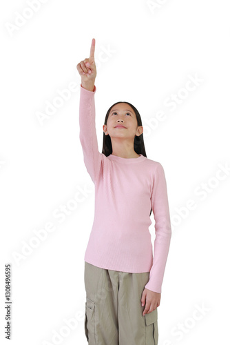 Obraz na płótnie Asian girl point and looking something on empty space isolated on white background. Image half length, Advertising concept. w salonie