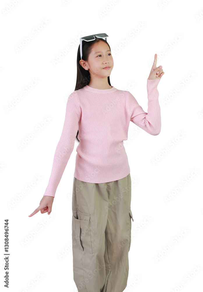 Portrait smiling Asian girl pointing with index fingers up and down isolated on white background. Kid point to something for advertisement concept.