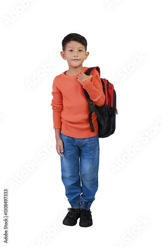 Portrait Asian little boy kid in casual with backpack bag posture isolated on white background.