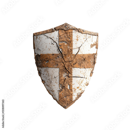 A weathered, rustic shield adorned with a prominent cross pattern evokes a sense of history and chivalry, standing resilient against the passage of time and battles fought. photo