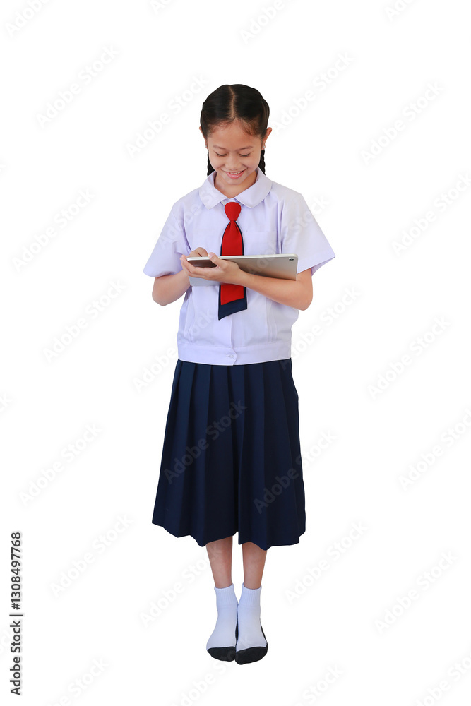 Cheerful Asian schoolgirl in school uniform using tablet computer while standing isolated on white background. Full body photo with clipping path.