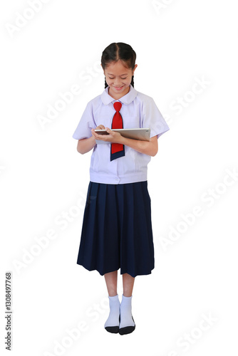 Obraz na płótnie Cheerful Asian schoolgirl in school uniform using tablet computer while standing isolated on white background. Full body photo with clipping path. w salonie