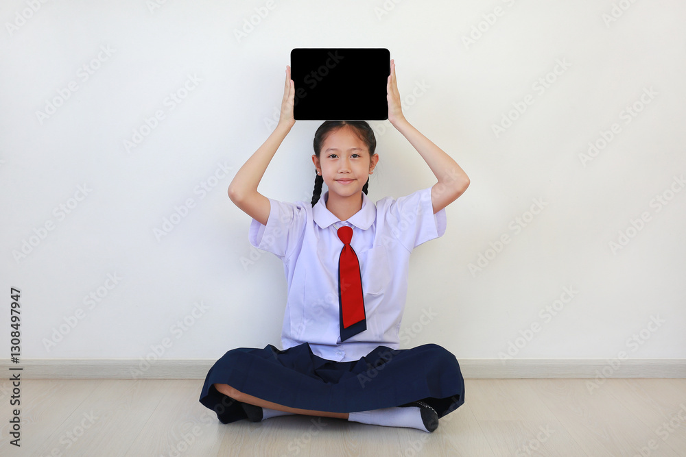 Portrait of Asian schoolgirl in school uniform show blank screen of tablet computer while sitting in the white room.