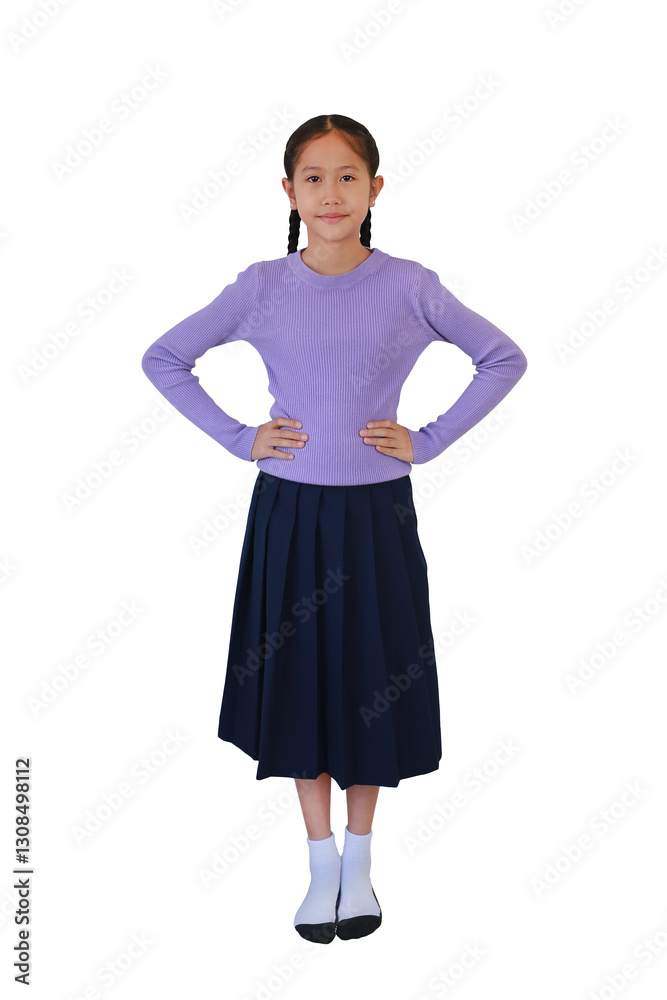Full body Asian girl child standing with akimbo gesture isolated on white background. Image with clipping path.
