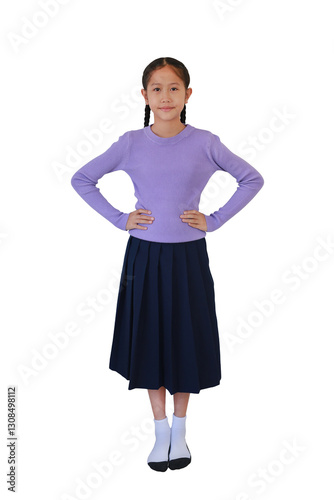 Obraz na płótnie Full body Asian girl child standing with akimbo gesture isolated on white background. Image with clipping path. w salonie