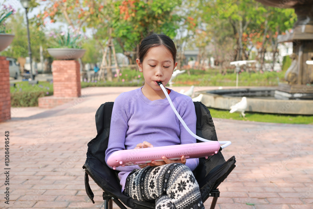 Close-up Asian girl child playing melodian instrument while sitting on canvas chair in summer garden.