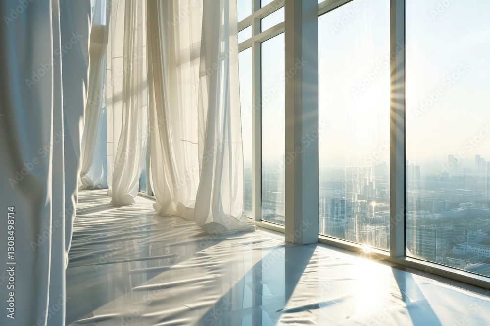 Obraz premium Beautiful view from the window of the city through white translucent curtains at sunset.