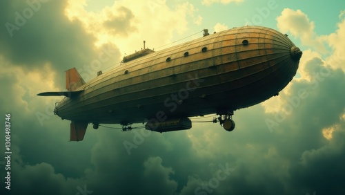 A steampunk airship floats among the clouds, showcasing a vintage dirigible design with metallic panels and propellers.