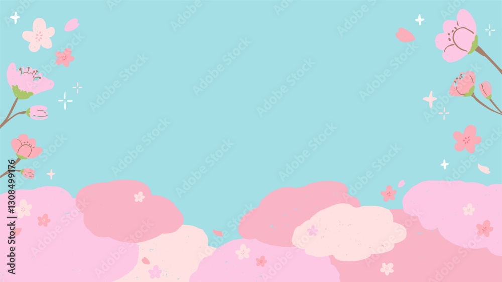 Spring-inspired cherry blossom landscape background frame, cute hand-drawn illustration with texture / 春をイメージした桜の風景の背景フレーム、テクスチャのあるかわいい手描きイラスト