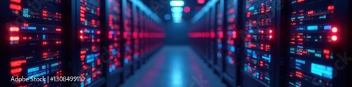 Blurred background of server room with flashing lights, data streams, confidential, computer