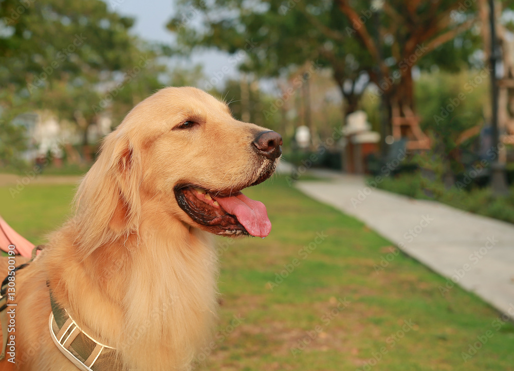 Portrait of Golden retriever and Asian girl lying on the grass in the garden. Focus at pet.