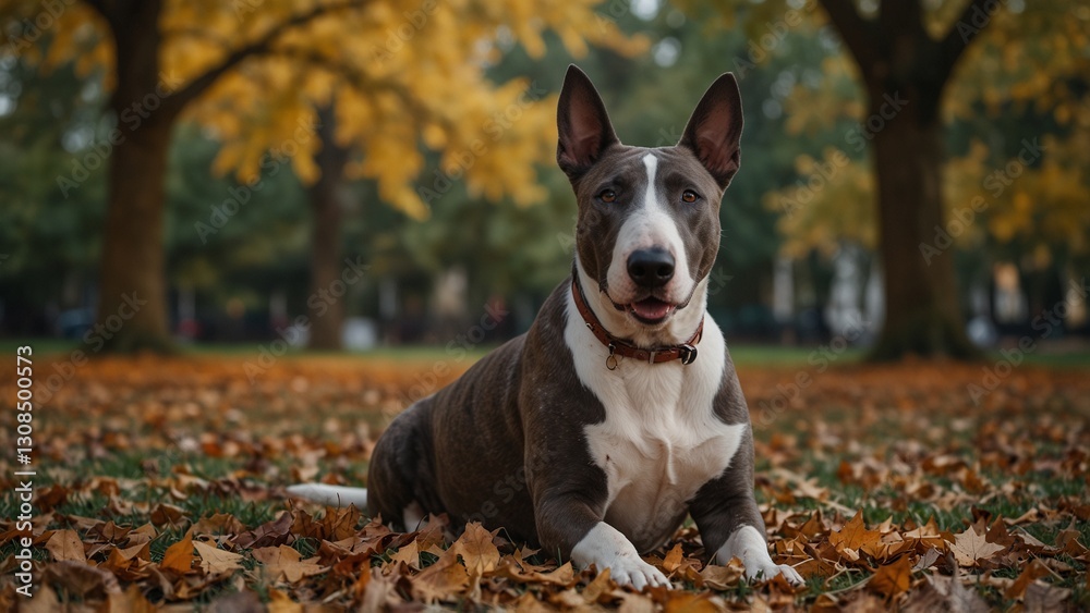 A calm and collected Bull Terrier, sitting peacefully in a park, surrounded by autumn leaves. A calm and collected Bull Terrier, sitting peacefully in a park, surrounded by autumn leaves.