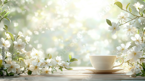 Fototapeta Naklejka Na Ścianę i Meble -  Tea cup with white flowers in a serene garden setting