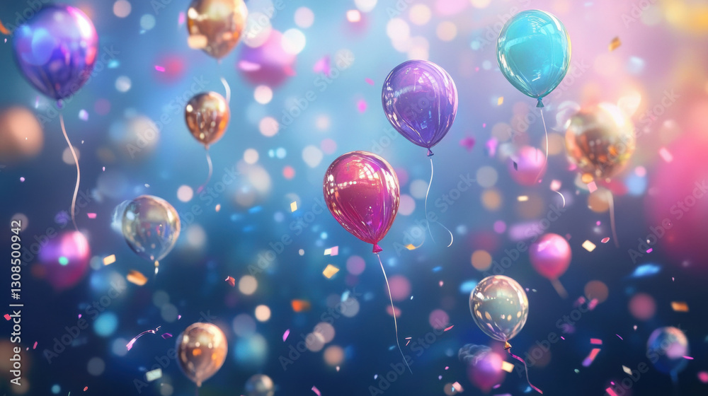 Colorful balloons and confetti floating in a festive atmosphere Colorful balloons and confetti floating in a festive atmosphere