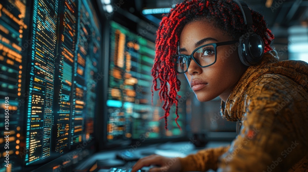 Obraz premium Beautiful woman with vibrant red dreadlocks displaying unique hairstyle and confident expression