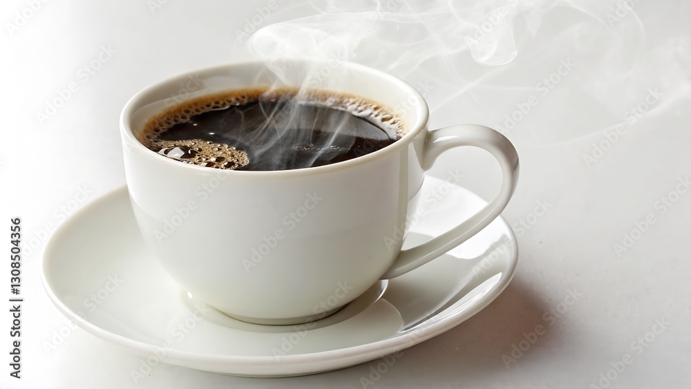 Obraz premium Hot Cup of Coffee in a White Ceramic Mug with Steam Rising, Isolated on a White Background ideal stock photo for cafes, breakfast scenes, and coffee lovers.