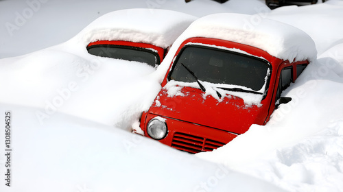 A red car is partially buried in deep snow, showcasing a winter scene that highlights heavy snowfall and cold weather conditions.